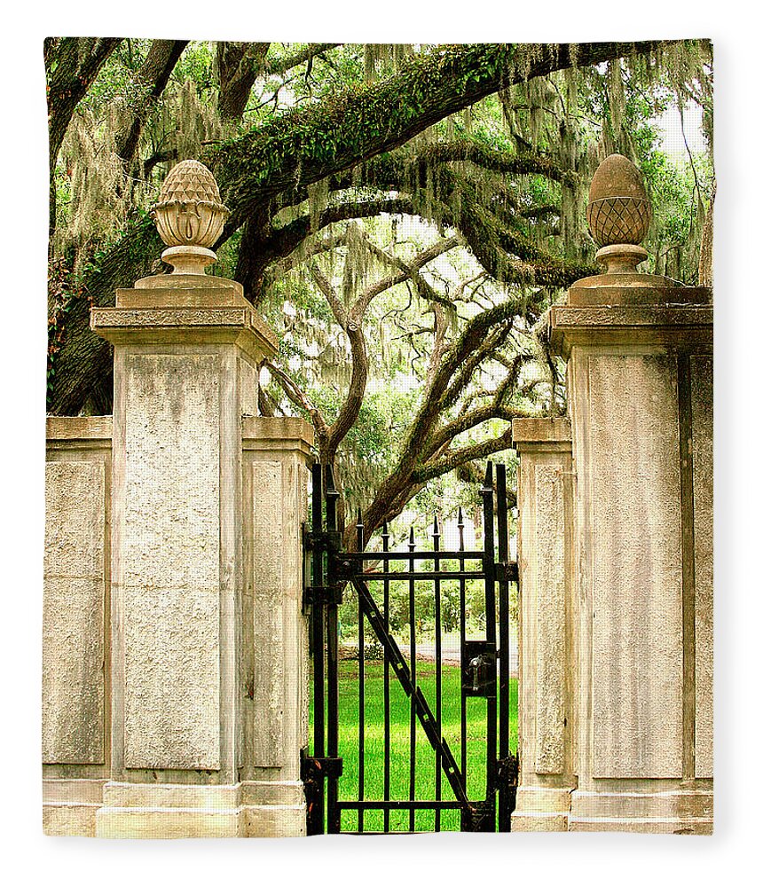 Savannah Fleece Blanket featuring the photograph BONAVENTURE CEMETERY GATE Savannah GA by William Dey