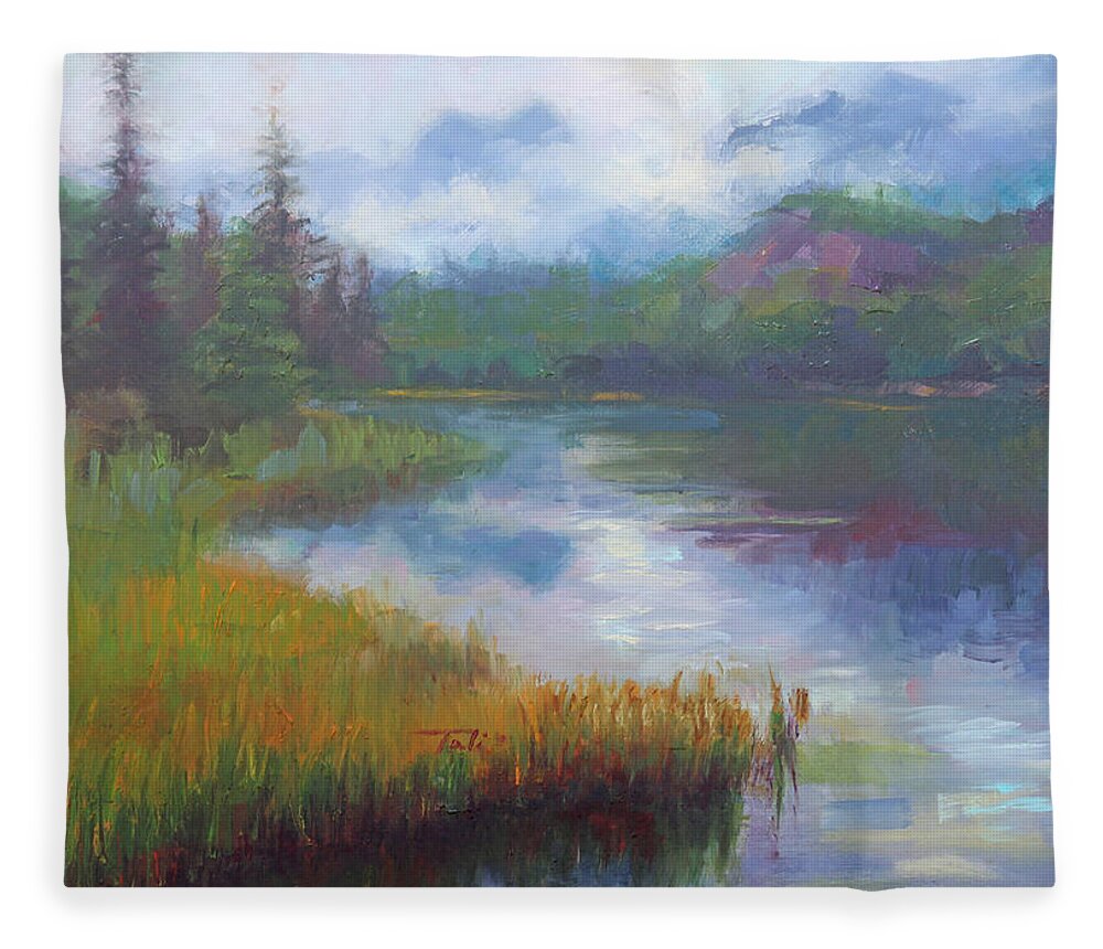 Landscape Fleece Blanket featuring the painting Bonnie Lake - Alaska misty landscape by Talya Johnson