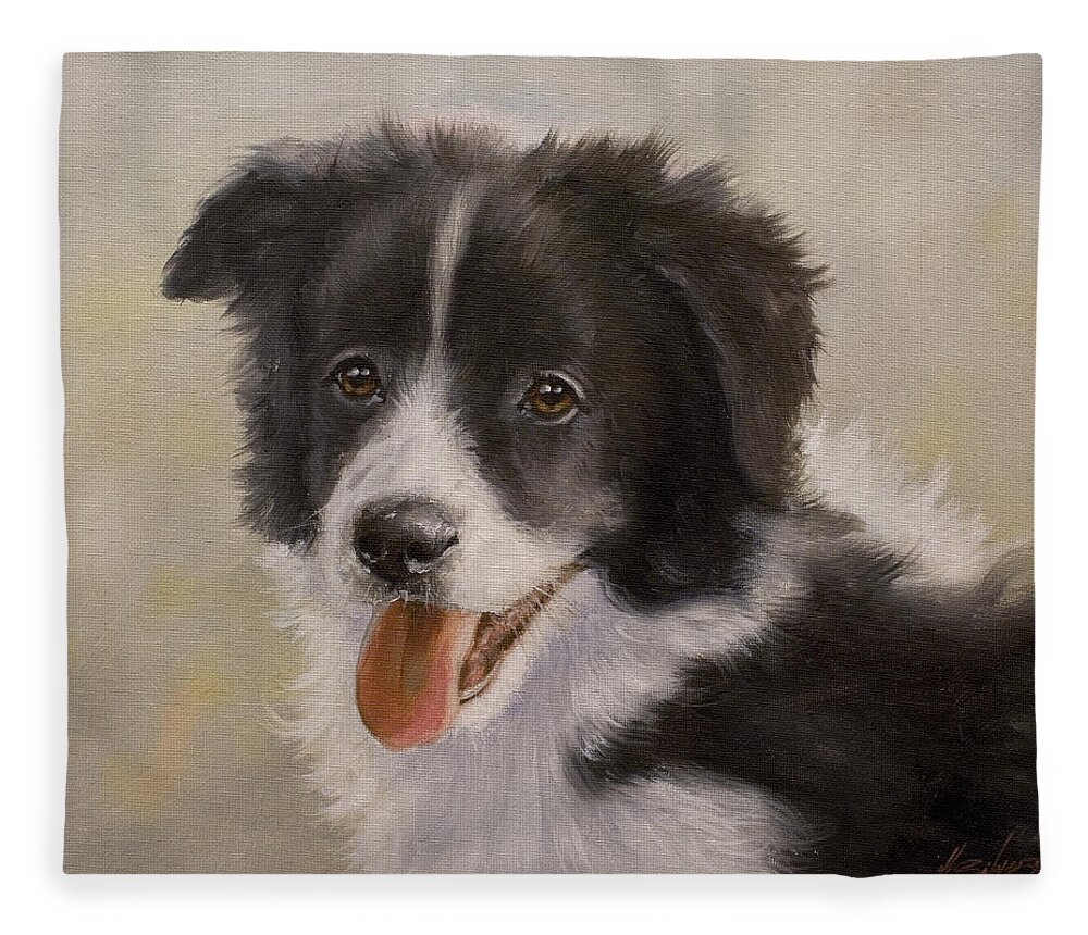 Border Collie Fleece Blanket featuring the painting Border Collie pup portrait IV by John Silver