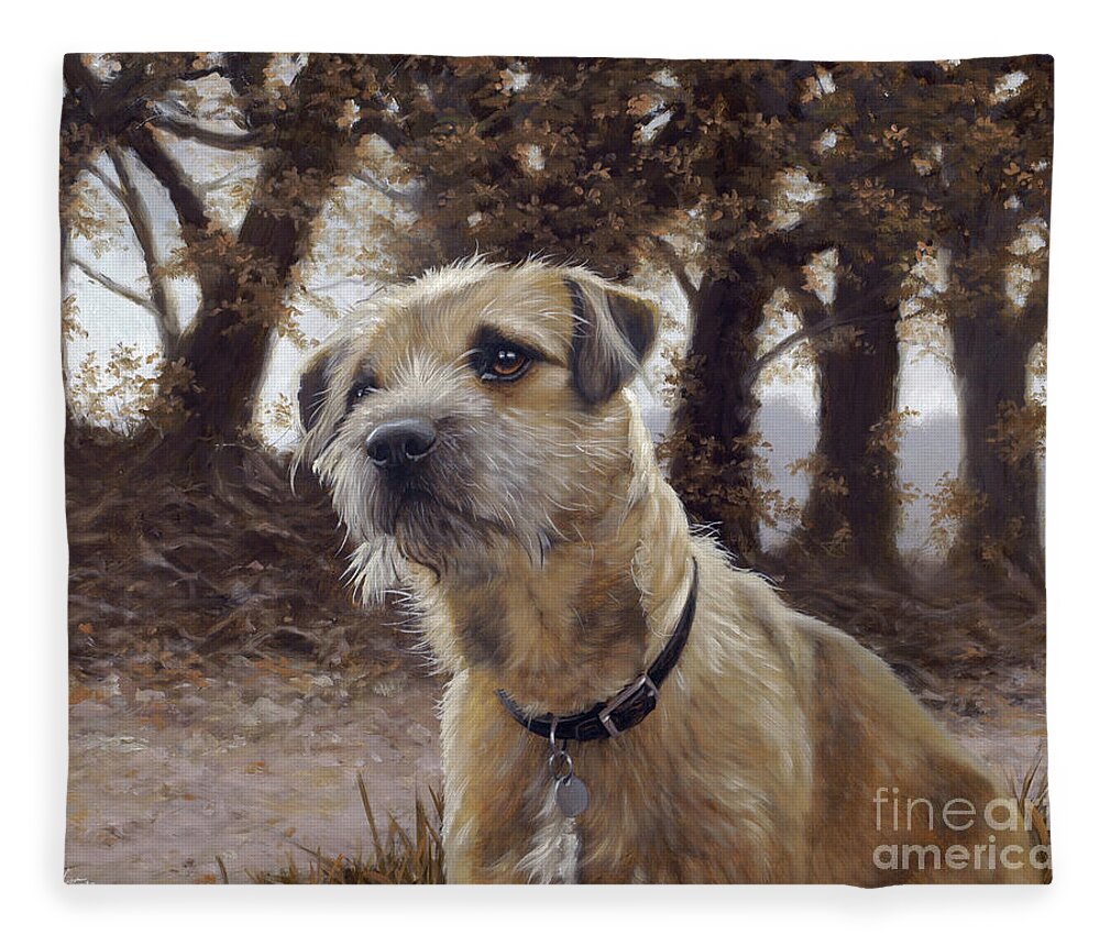 Dog Paintings Fleece Blanket featuring the painting Border Terrier in the woods by John Silver