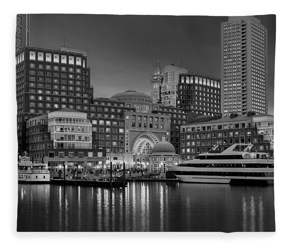 Boston Fleece Blanket featuring the photograph Boston Harbor Skyline and Financial District BW by Susan Candelario