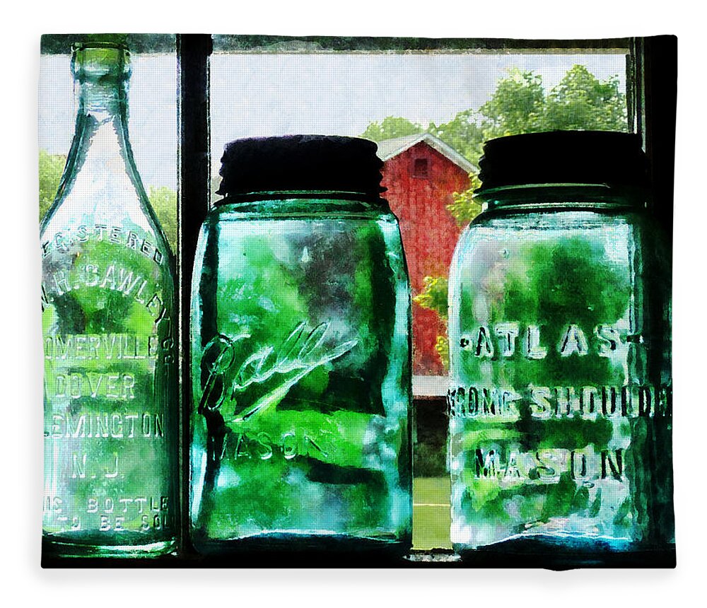 Rural Fleece Blanket featuring the photograph Bottles and Canning Jars by Susan Savad