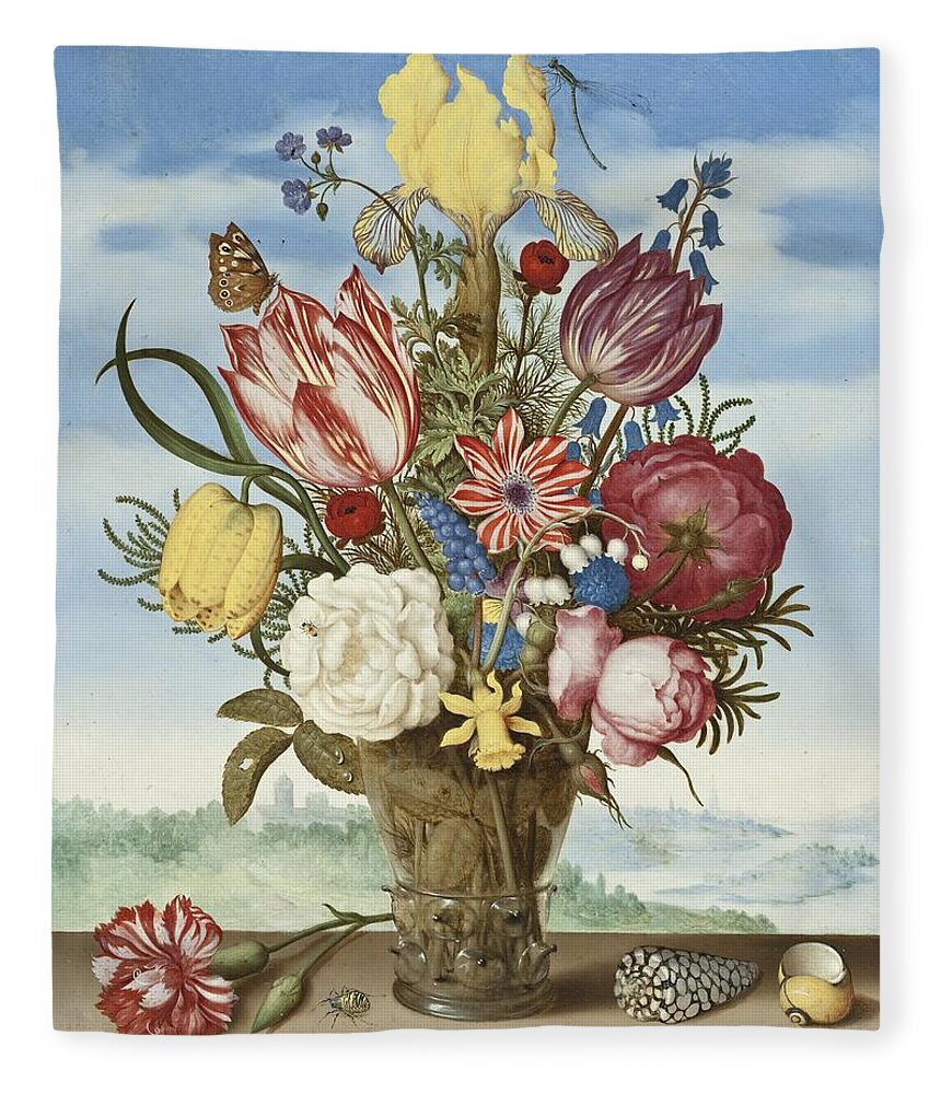 Bouquet Of Flowers On A Ledge Fleece Blanket featuring the digital art Bouquet of Flowers on a Ledge #2 by Ambrosius Bosschaert the Elder