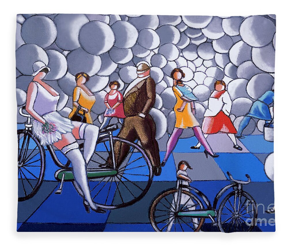 Bubble Sky Fleece Blanket featuring the painting Bubbles And Bikes by William Cain