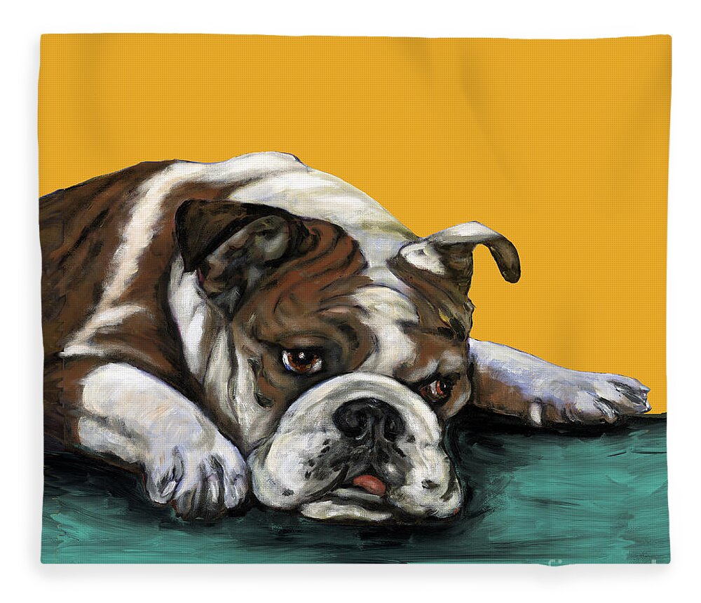 Bull Dog Fleece Blanket featuring the painting Bulldog On Yellow by Dale Moses