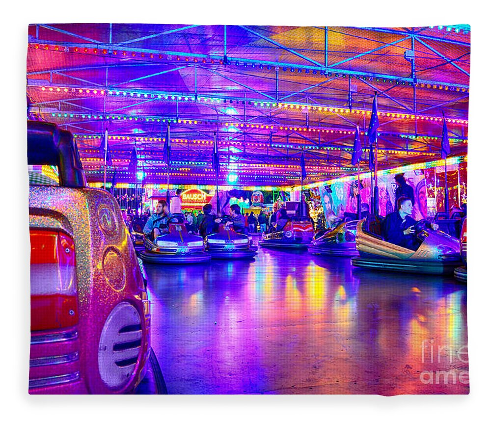 Oktoberfest Munich Bavaria Muenchen Bayern Vintage Nostalgic Sabine Jacobs Fun Fair Attractions Rides Germany Europe European Beer Festival Biggest Bavarian Octoberfest Autumn Fall Fairground Party Sights Famous Colors Strong Hdr Modern Bumper Cars Neon Autotrom Fleece Blanket featuring the photograph Bumper Cars at the Octoberfest in Munich by Sabine Jacobs