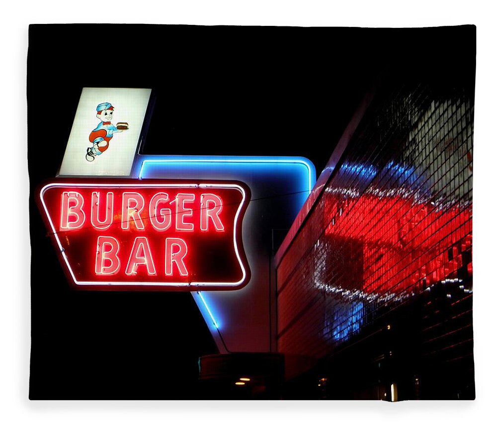 Bristol Fleece Blanket featuring the photograph Burger Bar Neon Diner Sign at night by Denise Beverly
