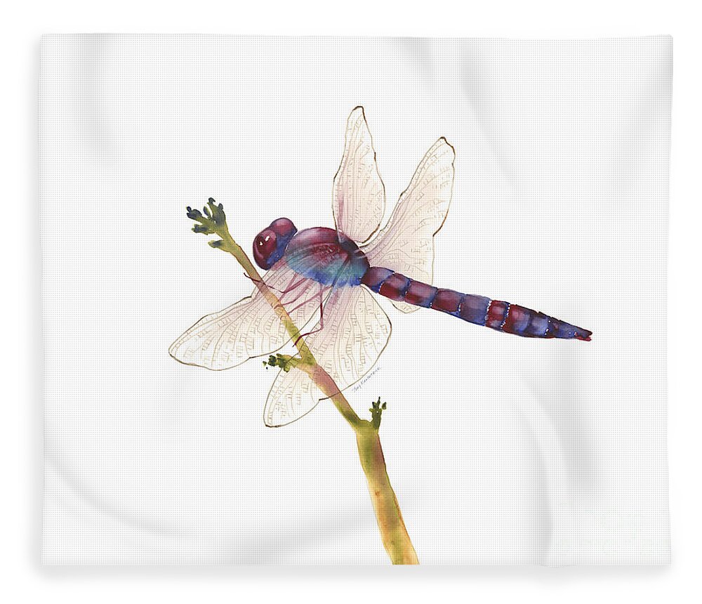 Red Fleece Blanket featuring the painting Burgundy Dragonfly by Amy Kirkpatrick