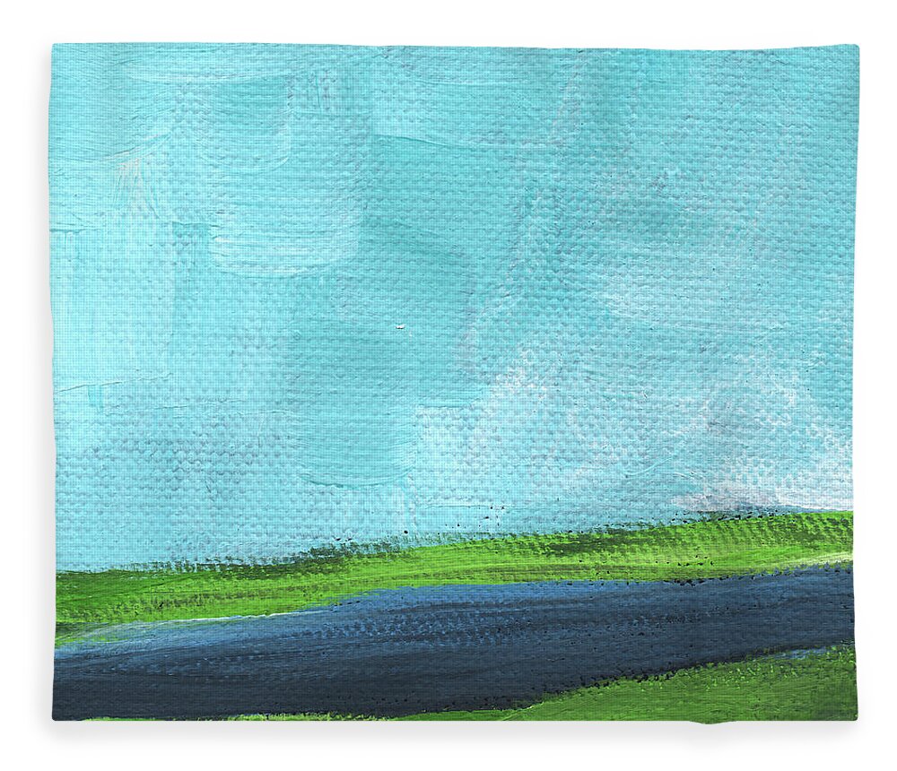 River Fleece Blanket featuring the painting By The River- abstract landscape painting by Linda Woods
