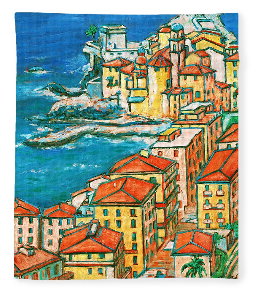 Riviera Di Levante Fleece Blanket featuring the painting Camogli - Italian Riviera by Xueling Zou