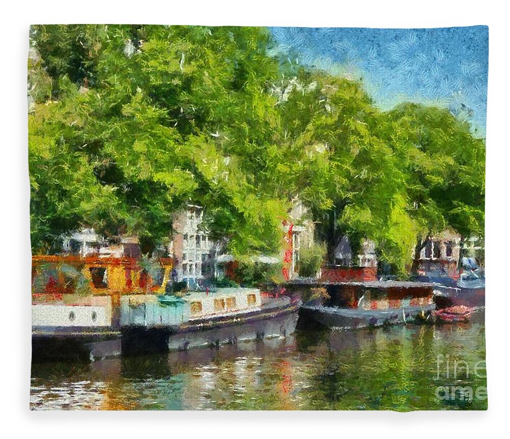 Amsterdam Fleece Blanket featuring the painting Canal in Amsterdam by George Atsametakis