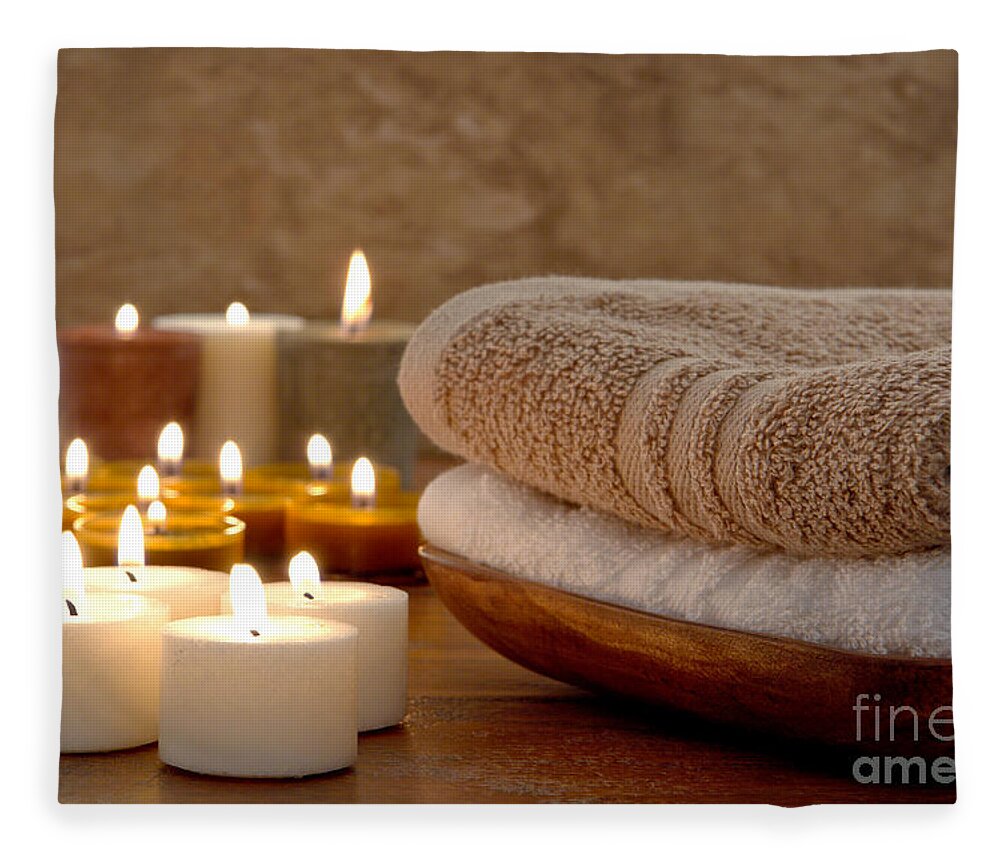 Spa Fleece Blanket featuring the photograph Candles and Towels in a Spa by Olivier Le Queinec