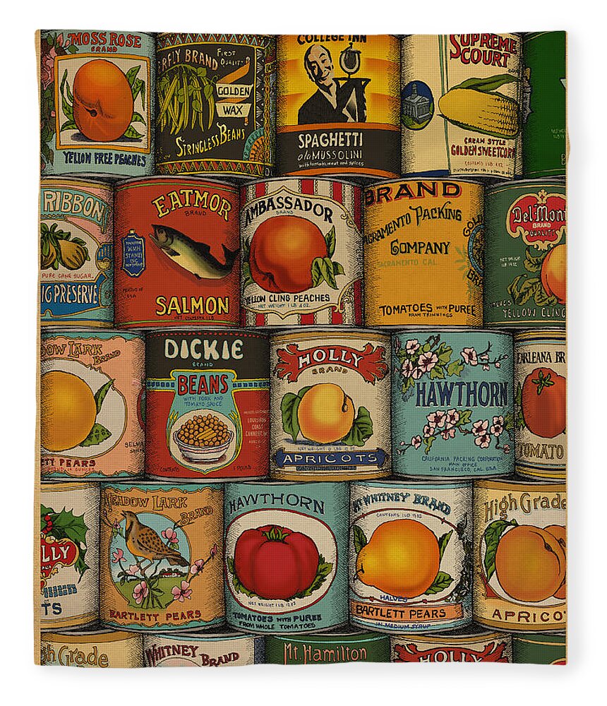 Cans Food Retro Fleece Blanket featuring the drawing Canned by Meg Shearer