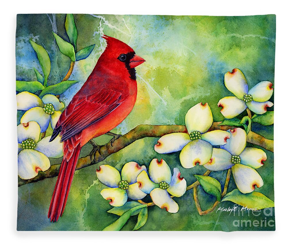 Cardinal Fleece Blanket featuring the painting Cardinal on Dogwood by Hailey E Herrera