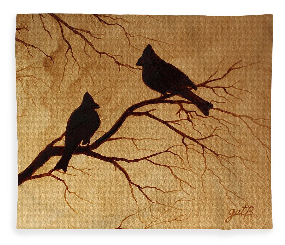Cardinals Birds Coffee Art Fleece Blanket featuring the painting Cardinals Silhouettes coffee painting by Georgeta Blanaru