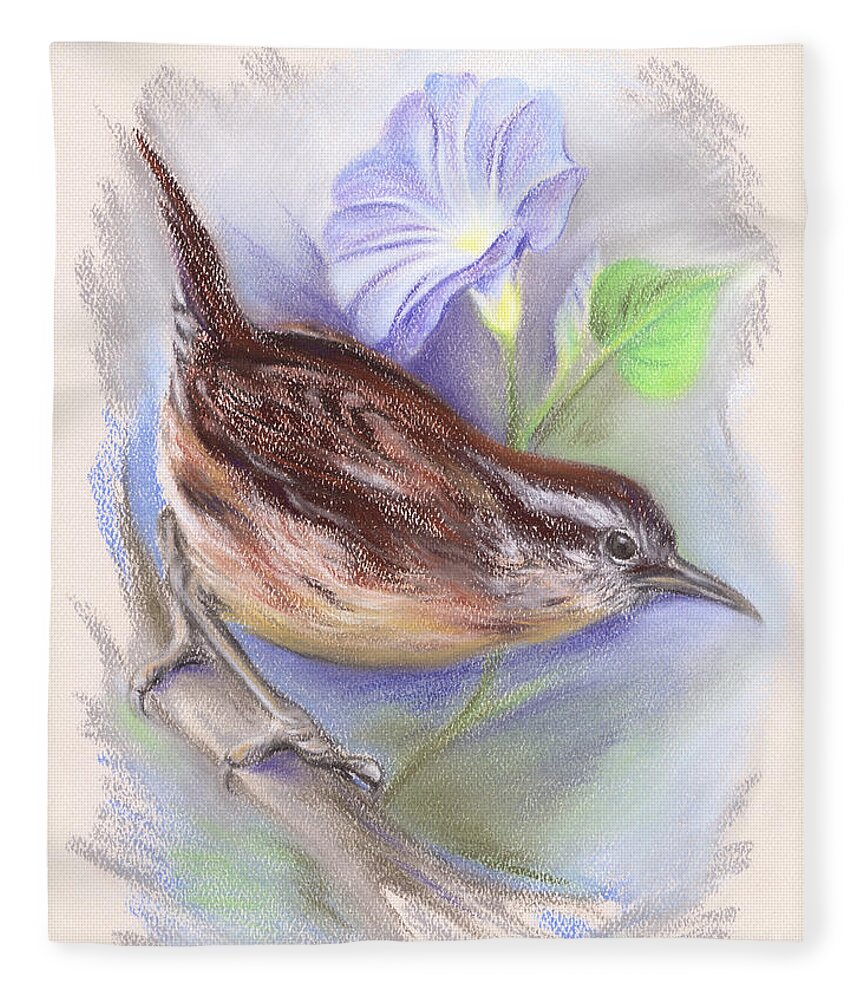 Bird Fleece Blanket featuring the pastel Carolina Wren with Morning Glory by MM Anderson