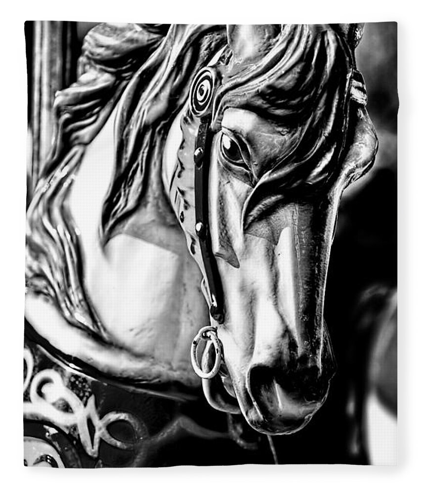 Christopher Holmes Photography Fleece Blanket featuring the photograph Carousel Horse Two - BW by Christopher Holmes