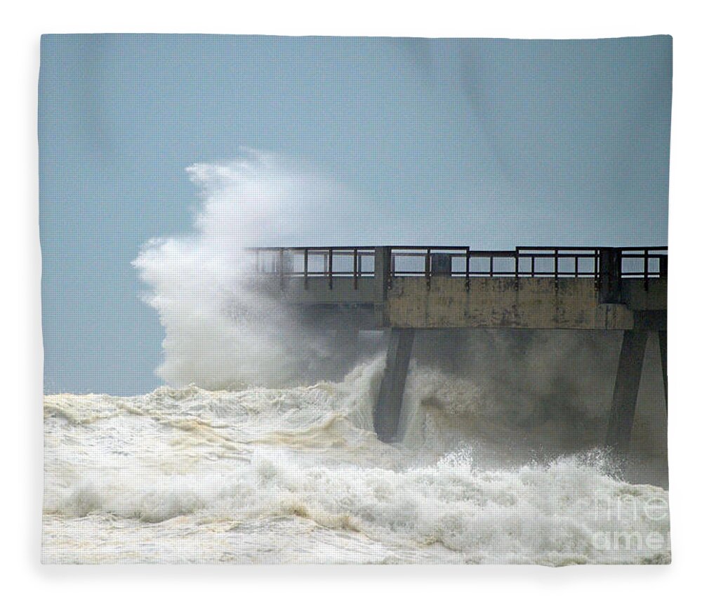 Emerald Coast Fleece Blanket featuring the photograph 0828 CAT 1 Hurricane Isaac Crashes into Navarre Beach Pier by Jeff at JSJ Photography