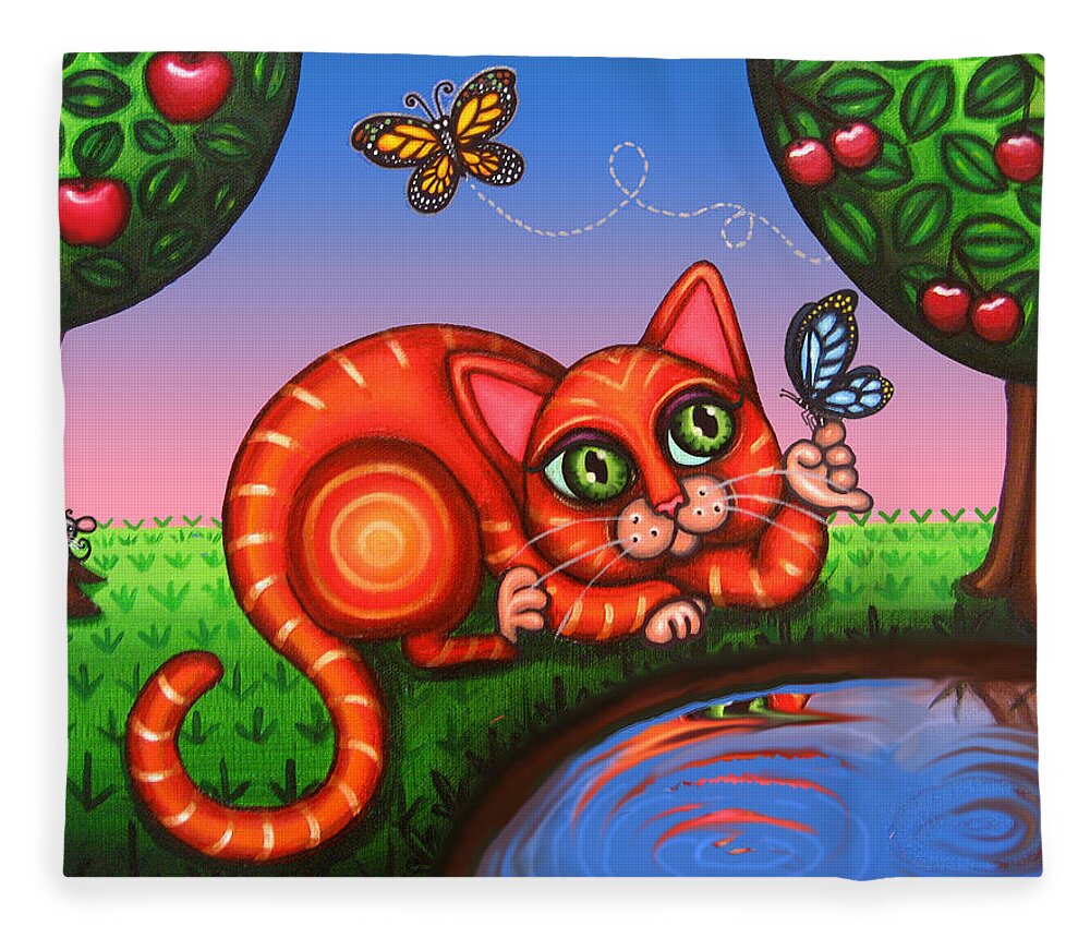 Cat Fleece Blanket featuring the painting Cat in Reflection by Victoria De Almeida