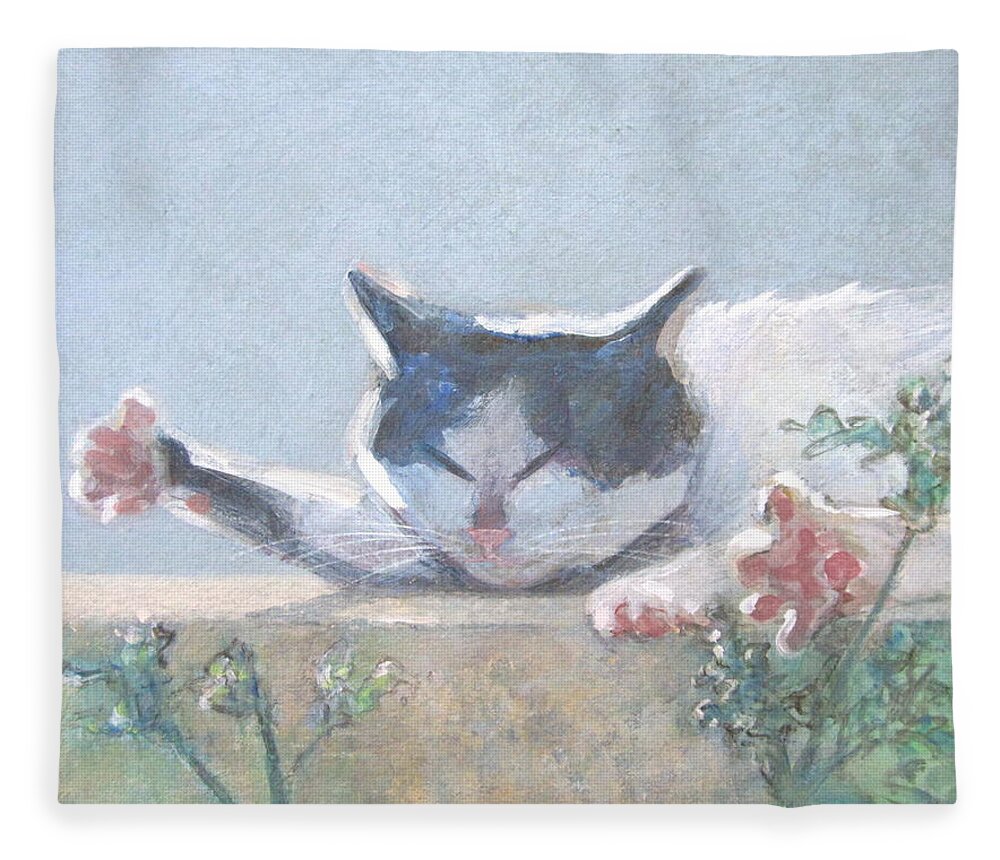 Cat With Geraniums Fleece Blanket featuring the painting Cat with Geraniums by Kazumi Whitemoon