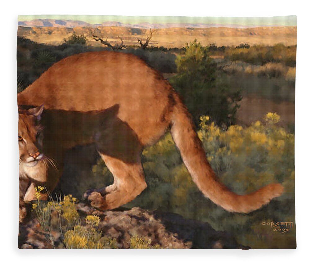 Cat Fleece Blanket featuring the painting Cat Stretch by Robert Corsetti