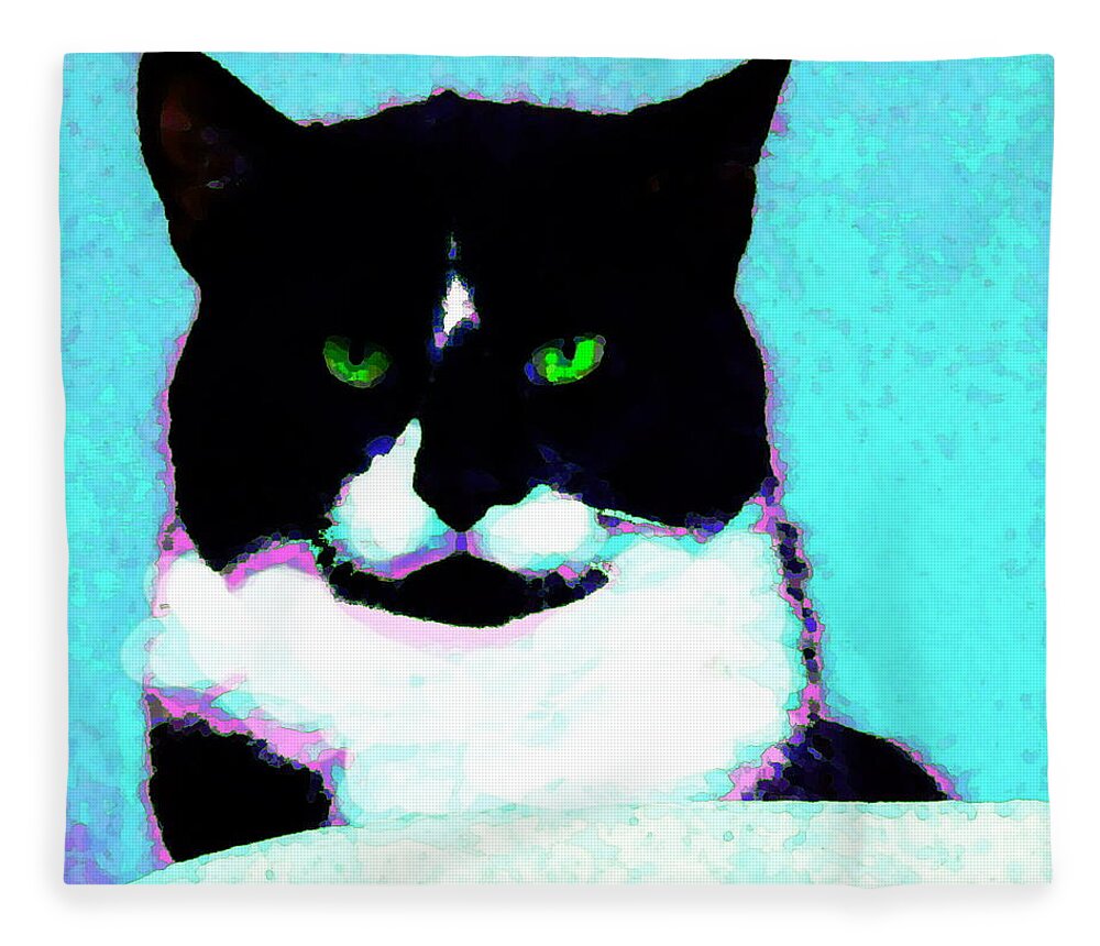 Cat Black And White Tuxedo Cat With Green Eyes Fleece Blanket featuring the digital art Cat with Green eyes by Priscilla Batzell Expressionist Art Studio Gallery