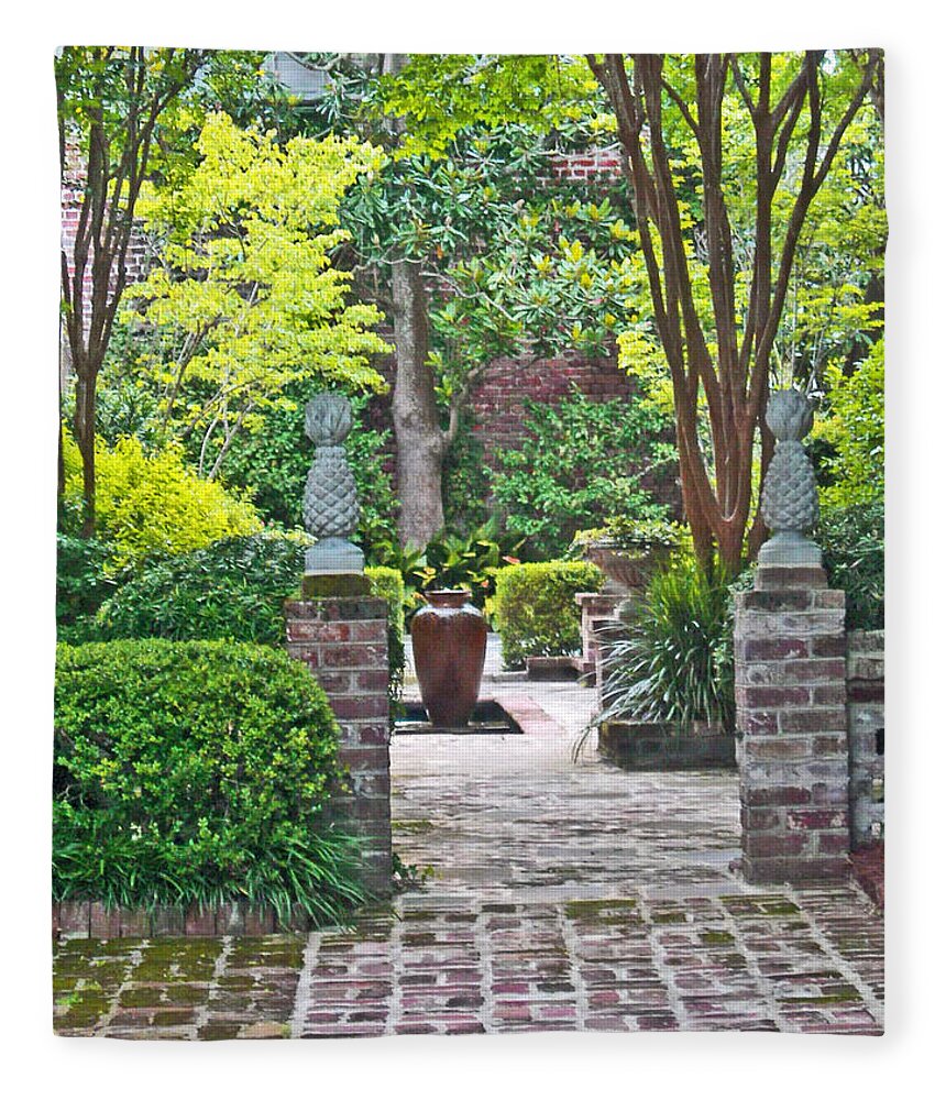 Charleston Fleece Blanket featuring the photograph Charleston Welcome courtyard by Deborah Ferree