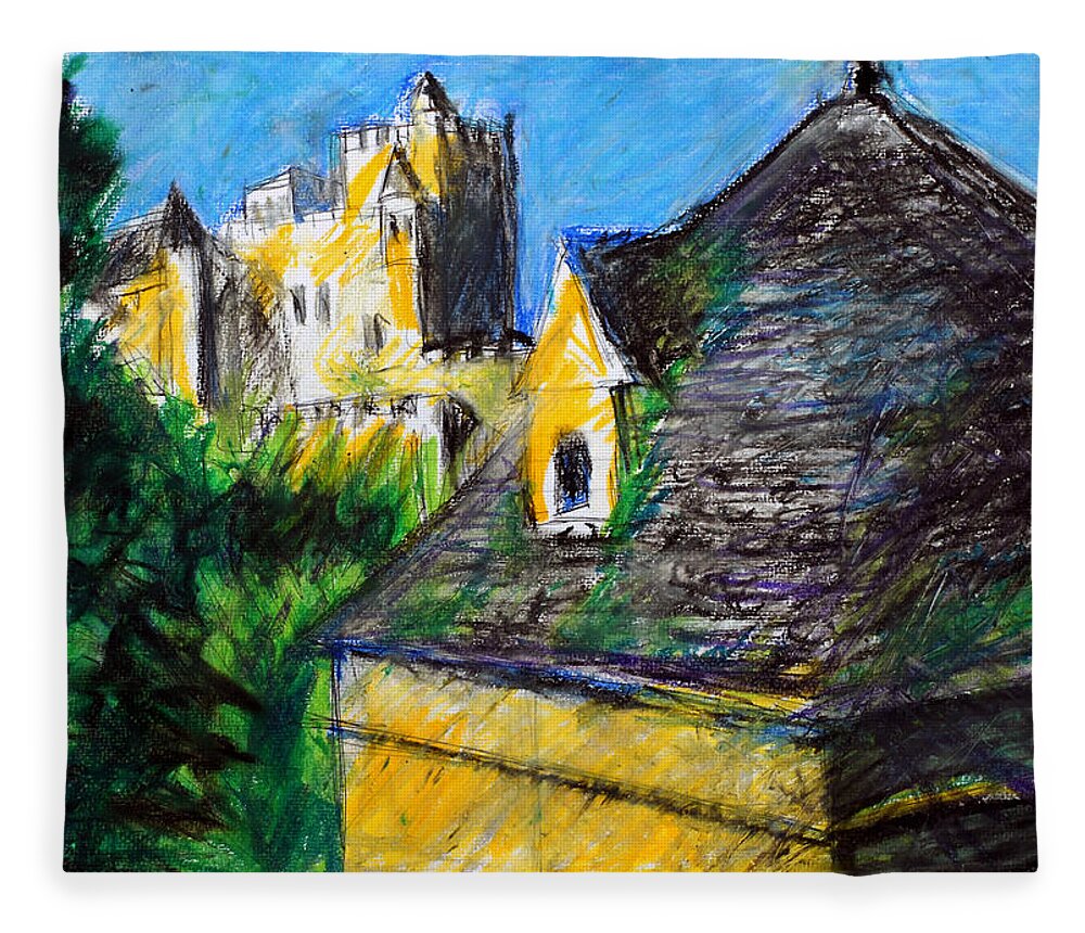 Landscape Fleece Blanket featuring the pastel Chateau in Dordogne France by Paul Sutcliffe