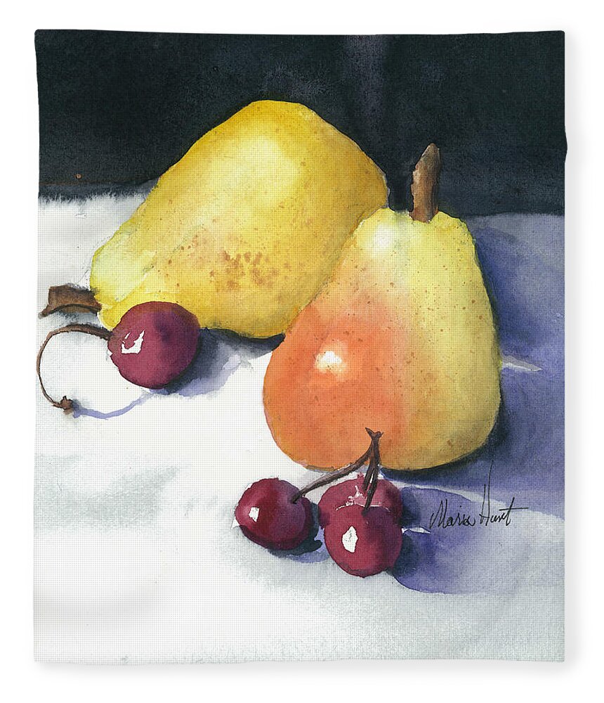 Fruit Fleece Blanket featuring the painting Cherries and Pears by Maria Hunt