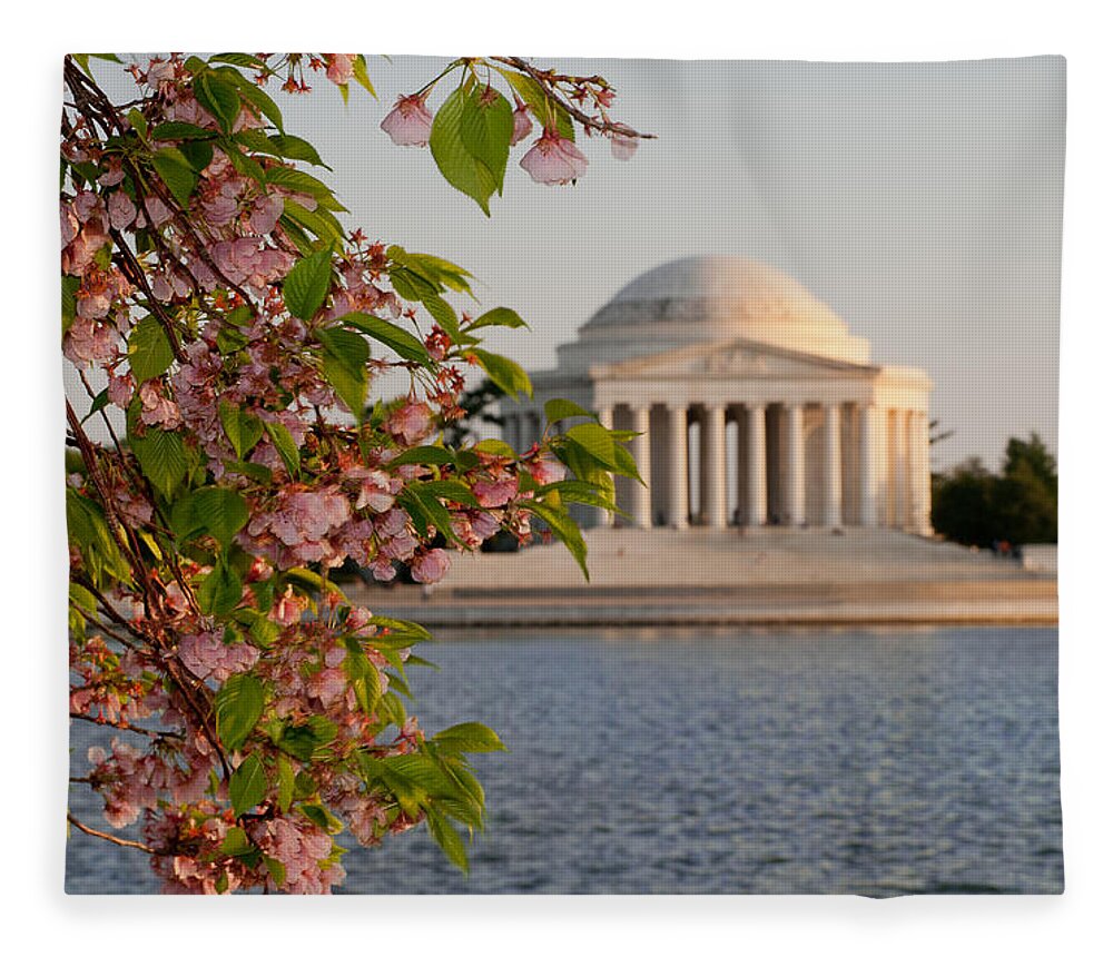 America Fleece Blanket featuring the photograph Cherry Blossoms and the Jefferson Memorial 3 by Mitchell R Grosky