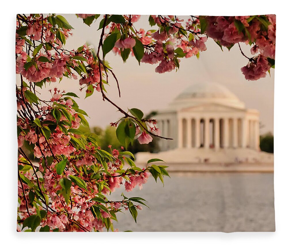 America Fleece Blanket featuring the photograph Cherry Blossoms Framing the Jefferson Memorial by Mitchell R Grosky