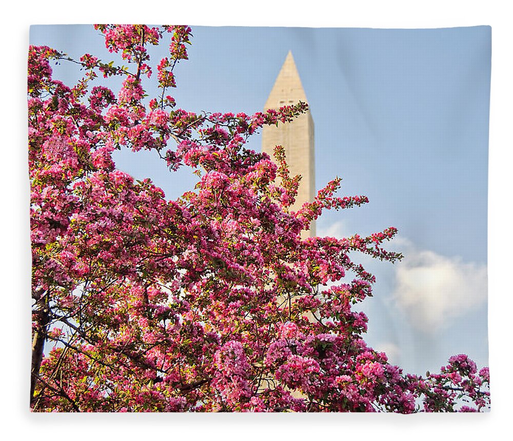 America Fleece Blanket featuring the photograph Cherry Trees and Washington Monument One by Mitchell R Grosky