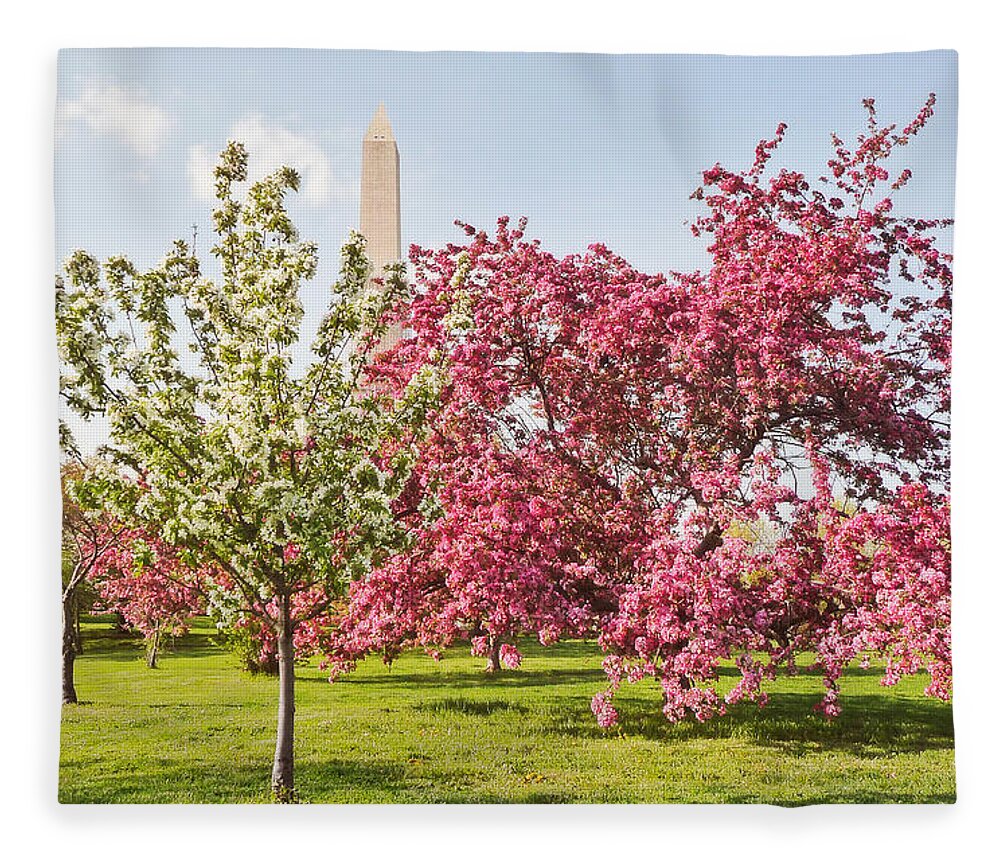 America Fleece Blanket featuring the photograph Cherry Trees and Washington Monument Three by Mitchell R Grosky