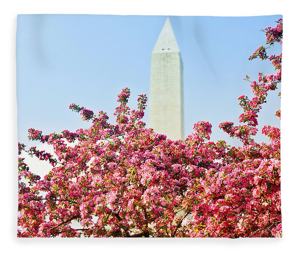 America Fleece Blanket featuring the photograph Cherry Trees and Washington Monument Two by Mitchell R Grosky