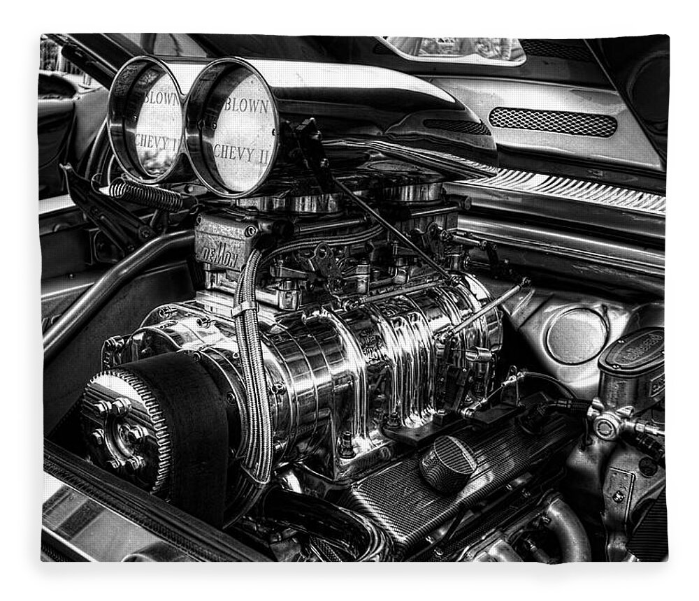 Chevy Blower Motor Fleece Blanket featuring the photograph Chevy Supercharger Motor Black and White by Jonathan Davison
