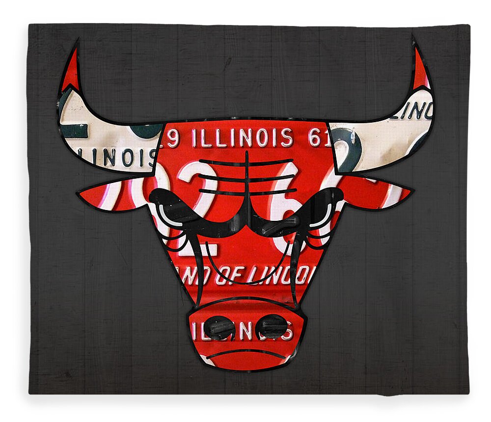 Chicago Fleece Blanket featuring the mixed media Chicago Bulls Basketball Team Retro Logo Vintage Recycled Illinois License Plate Art by Design Turnpike