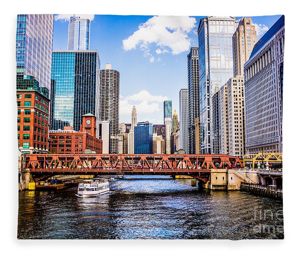 America Fleece Blanket featuring the photograph Chicago Cityscape at Wells Street Bridge by Paul Velgos