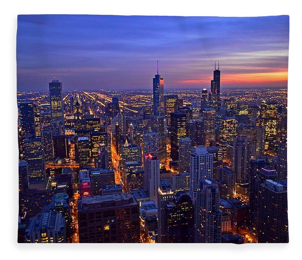 Chicago Fleece Blanket featuring the photograph Chicago Skyline at Dusk from John Hancock Signature Lounge by Jeff at JSJ Photography
