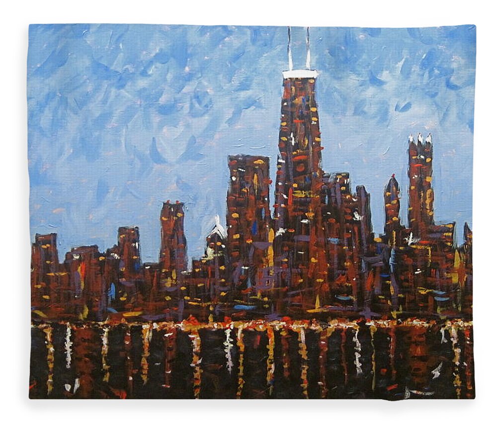 Chicago At Night Painting Fleece Blanket featuring the painting Chicago Skyline at Night from North Avenue Pier by J Loren Reedy