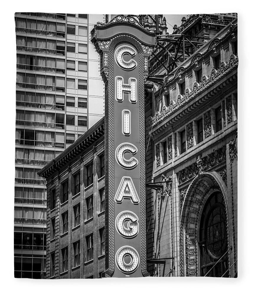 America Fleece Blanket featuring the photograph Chicago Theater Sign in Black and White by Paul Velgos