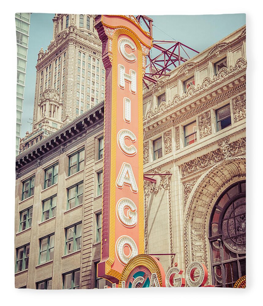 America Fleece Blanket featuring the photograph Chicago Theatre Retro Vintage Picture by Paul Velgos
