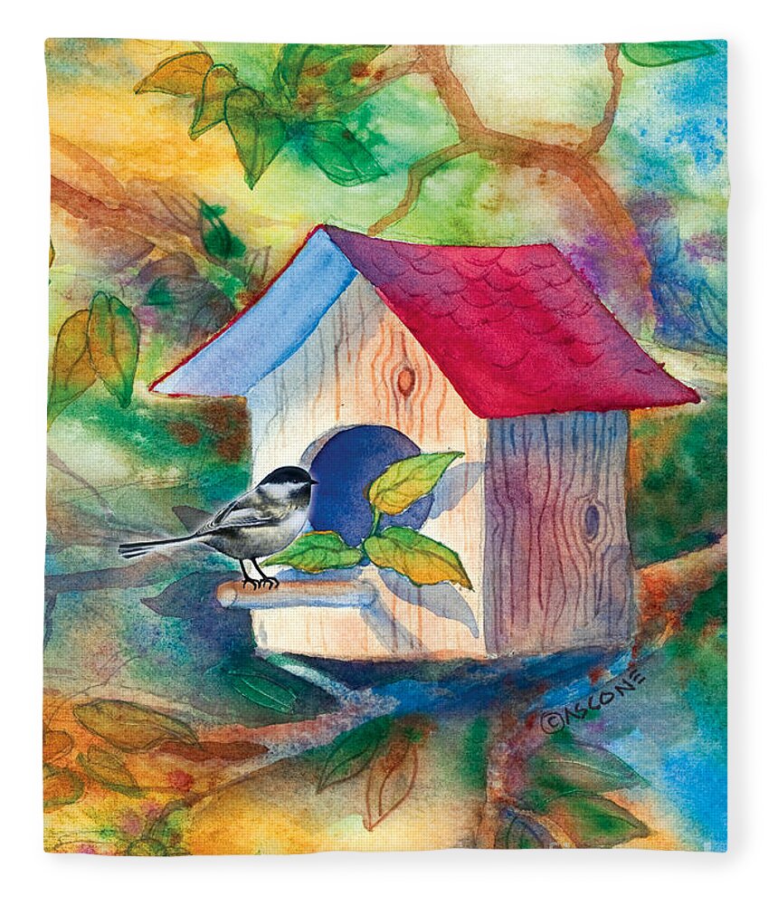 Chickadee Fleece Blanket featuring the painting Chickadee Bungalow by Teresa Ascone