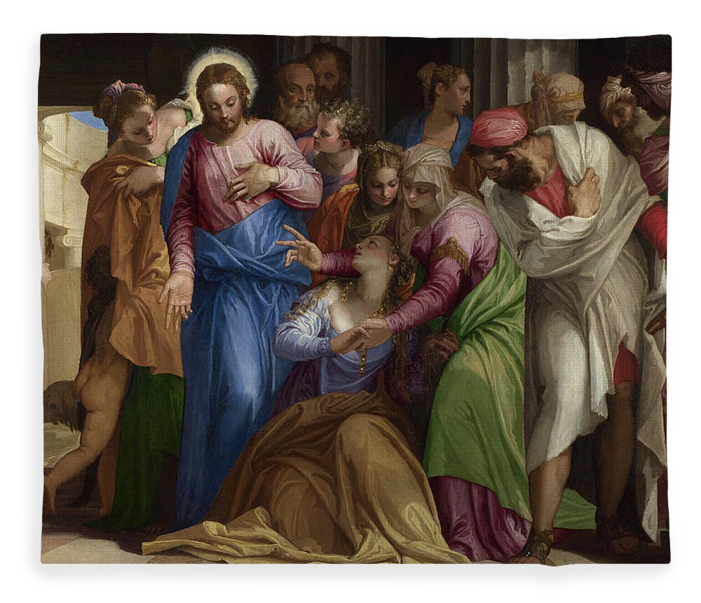 Paolo Veronese Fleece Blanket featuring the painting Christ addressing a Kneeling Woman by Paolo Veronese