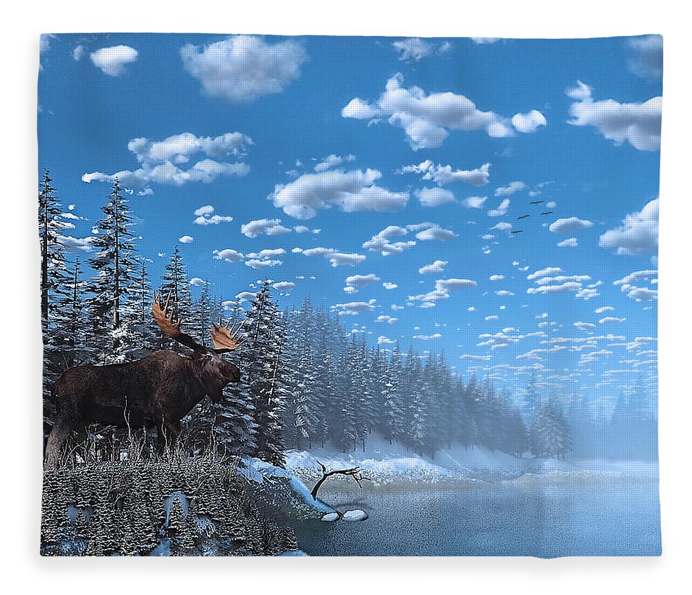 America Fleece Blanket featuring the digital art Christmas Day at Moose Lake by Ken Morris