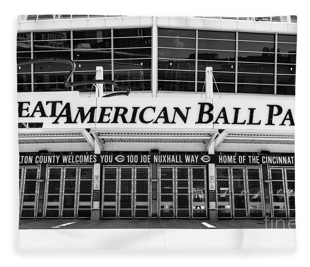 America Fleece Blanket featuring the photograph Cincinnati Great American Ball Park Black and White Picture by Paul Velgos