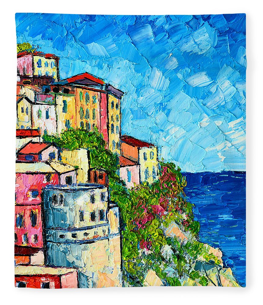 Manarola Fleece Blanket featuring the painting Cinque Terre Italy Manarola Painting Detail 3 by Ana Maria Edulescu