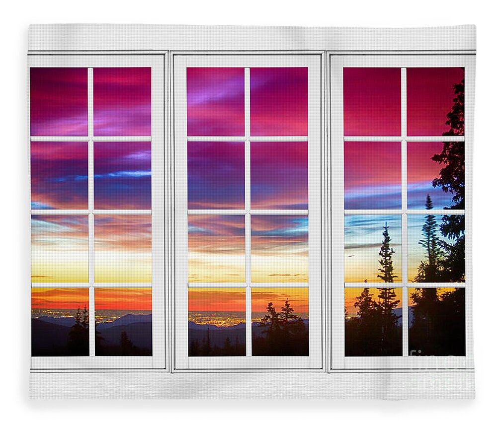 Window To Nature Fleece Blanket featuring the photograph City Lights Sunrise View Through White Window Frame by James BO Insogna