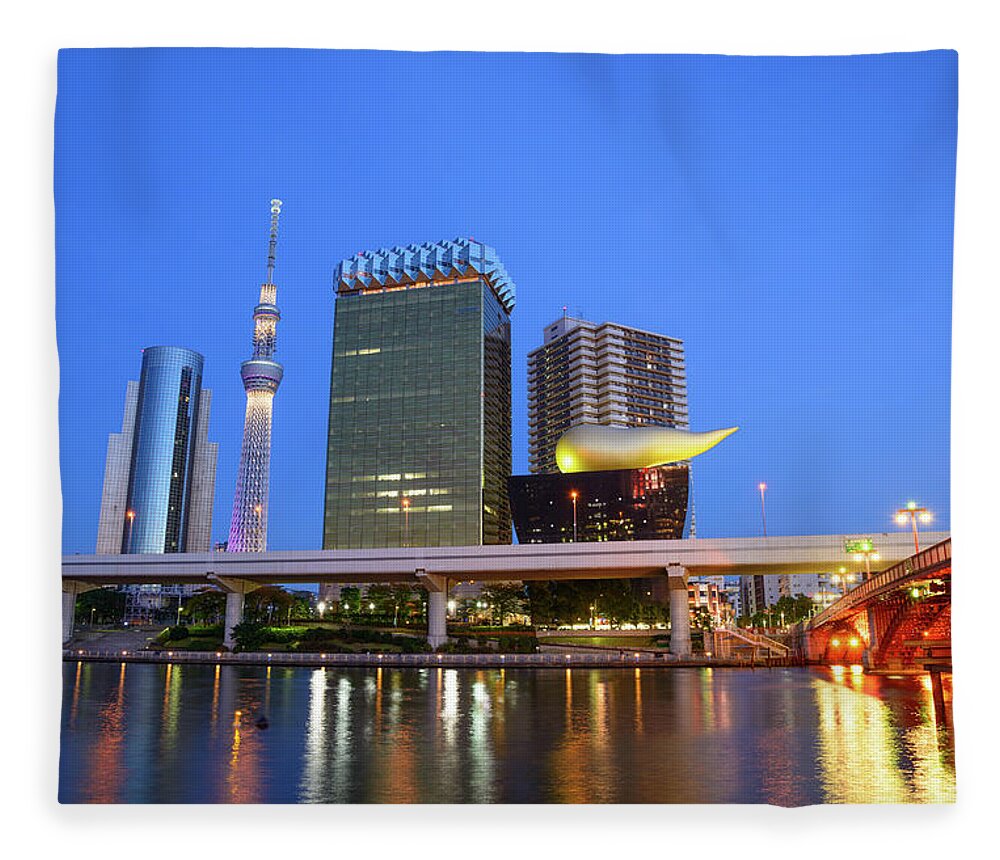 Communications Tower Fleece Blanket featuring the photograph Cityscape Over Sumida River At Dusk by Hirotaka Ihara