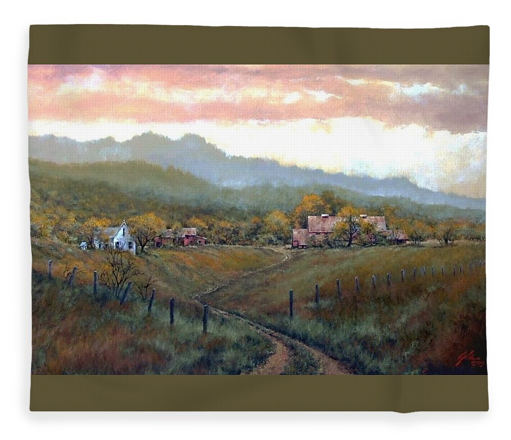 Country Fleece Blanket featuring the painting Clark County Farm by Jim Gola