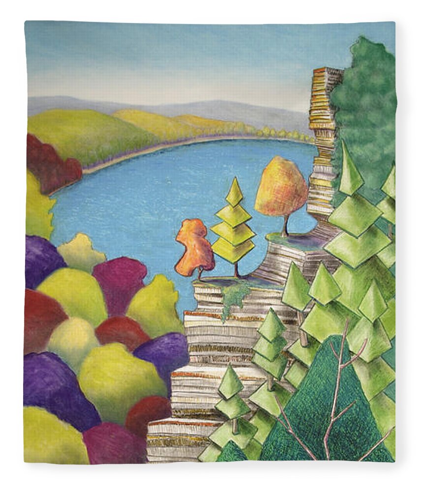 Cliff Fleece Blanket featuring the mixed media Cliff Overlooking Lake with Colorful Trees by Michele Fritz